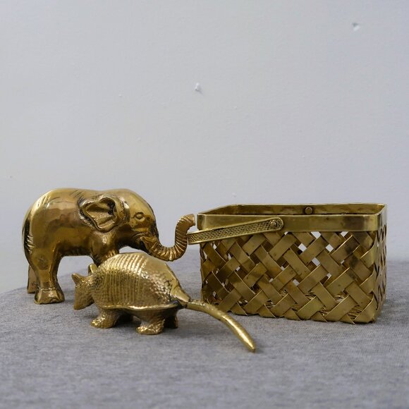 Other - Vintage Brass Armadillo Elephant and Woven Brass Basket Sculptures Set of 3